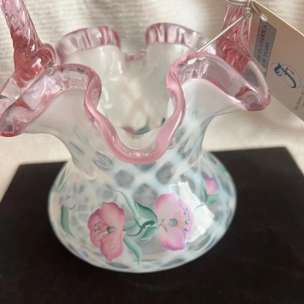 Fenton Art Glass 1995 Lynn Fenton Signature Series Hand Painted Trellis Basket - Picture 5 of 13